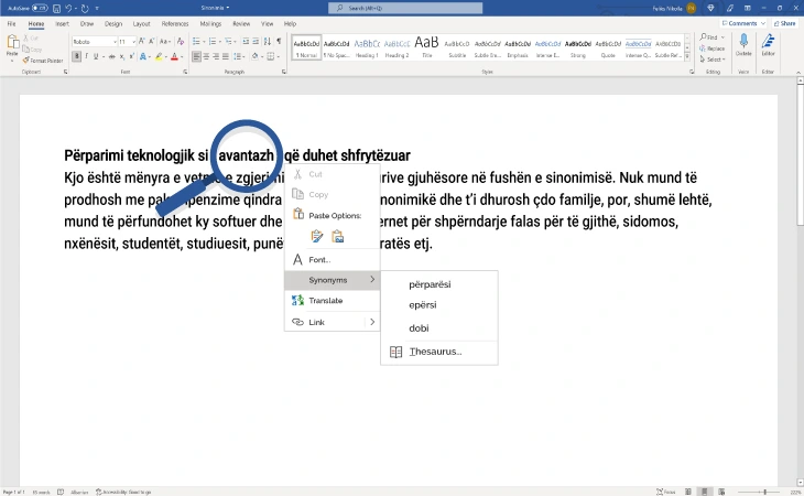 Sinonimia 1.0 do të funksionojë njëlloj si ai në gjuhën angleze, pra, kur shkruesi i një teksti shqip të shkruajë një fjalë në MS Word, MS Outlook etj.